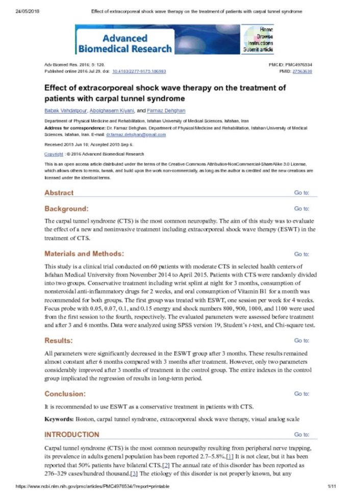 thumbnail of Effect of extracorporeal shock wave therapy on the treatment of patients with carpal tunnel syndrome